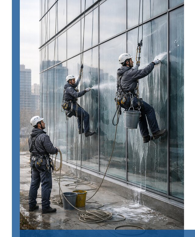 Промышленная мойка панорамных окон на высоте в Бийске