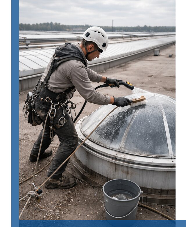 Мойка зенитных фонарей на кровле для промышленных объектов в Бийске