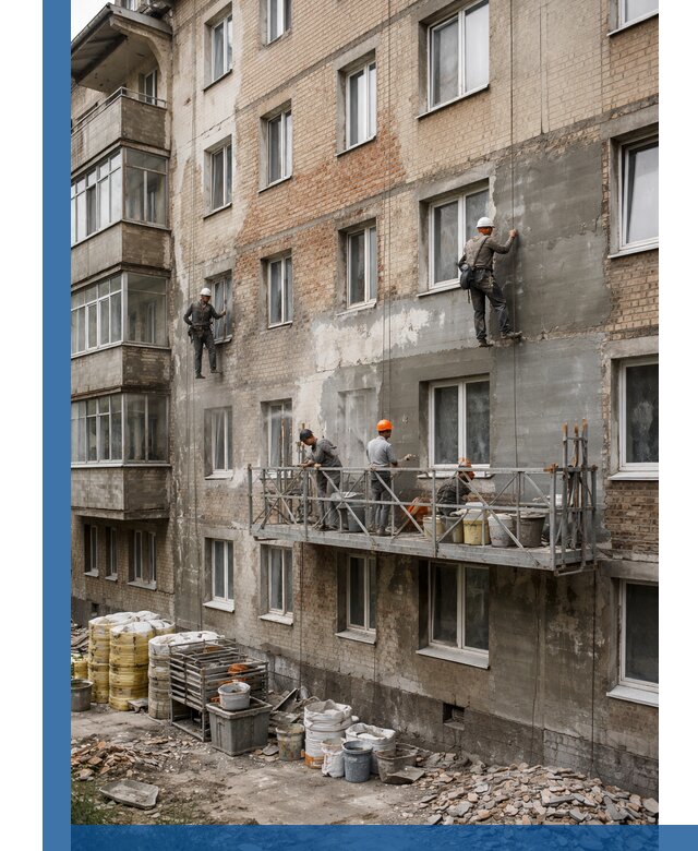 Капитальный ремонт фасада в Бийске с восстановлением и гидроизоляцией