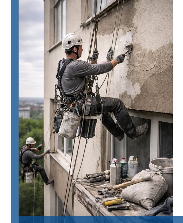 Косметический ремонт фасада зданий в Бийске промышленными альпинистами