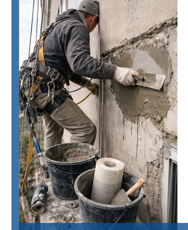 Ремонт бетонных элементов фасада промышленными альпинистами в Бийске