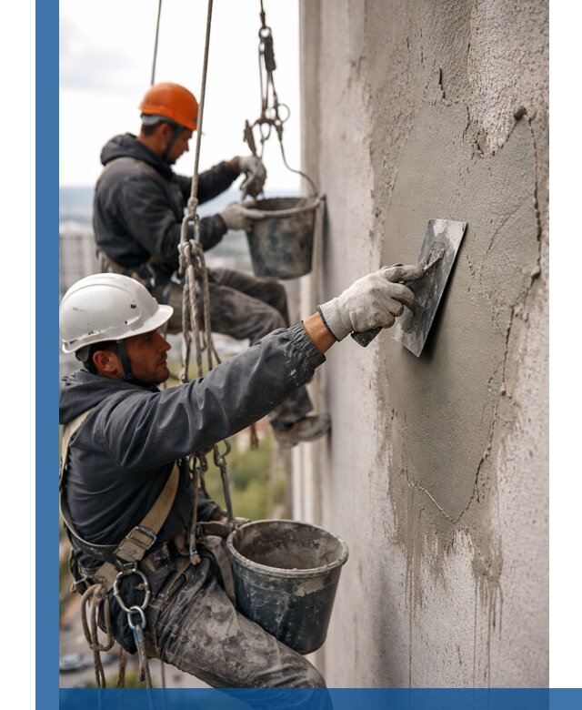 Штукатурка фасада на высоте в Бийске профессиональные работы