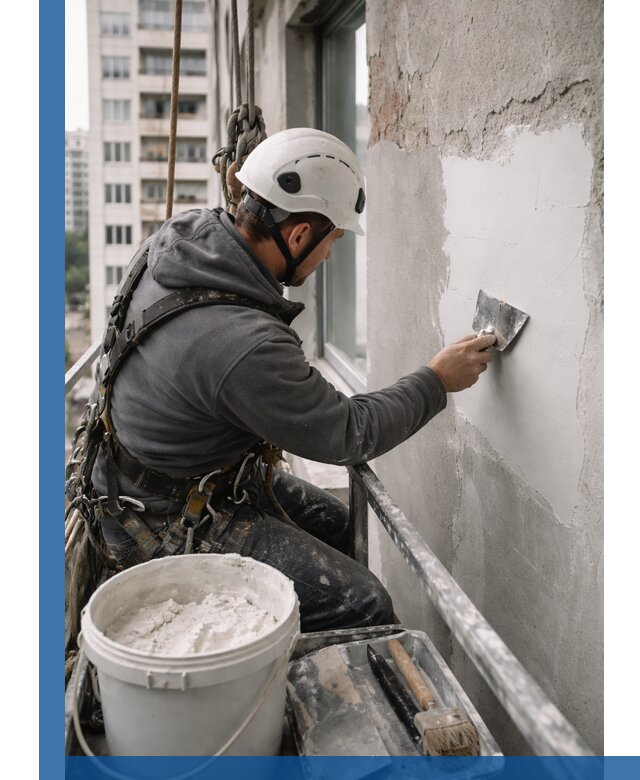 Шпаклевка фасадов на высоте с промальпинистами в Бийске