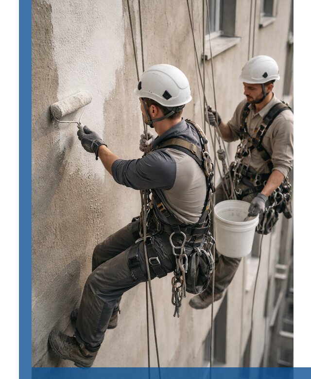 Грунтовка фасада на высоте в Бийске промышленными альпинистами