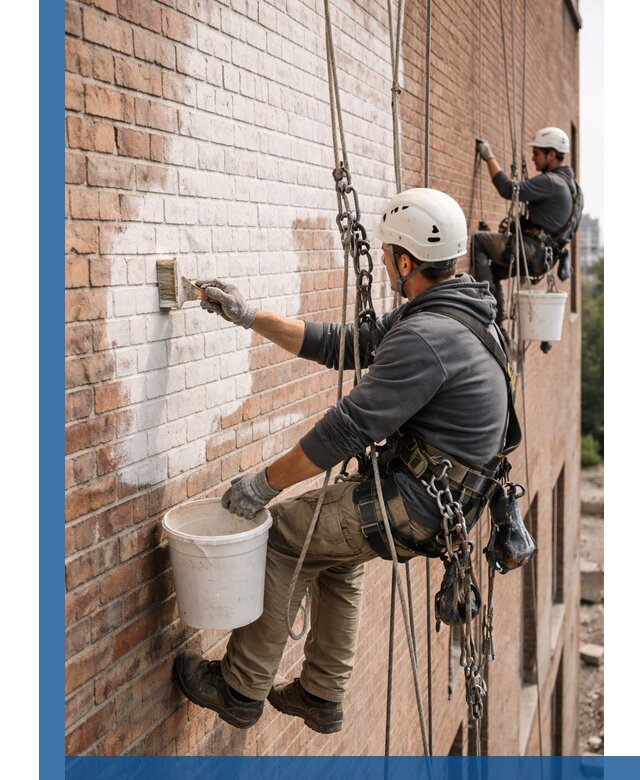 Покраска кирпичного фасада с доступным альпинистским сервисом в Бийске
