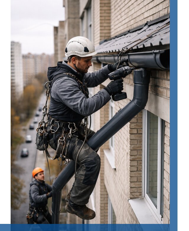 Монтаж водосточной системы на здании в Бийске от 5194 р. | ВЫСОТНИК-Бск