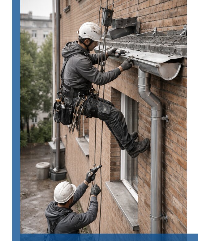 Монтаж водосточной системы на здании в Бийске под ключ