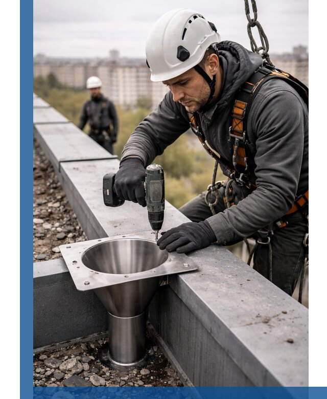 Монтаж водосточных воронок в Бийске для промышленных зданий