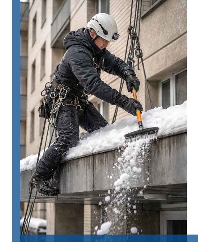 Очистка козырьков от снега в Бийске круглогодично безопасно