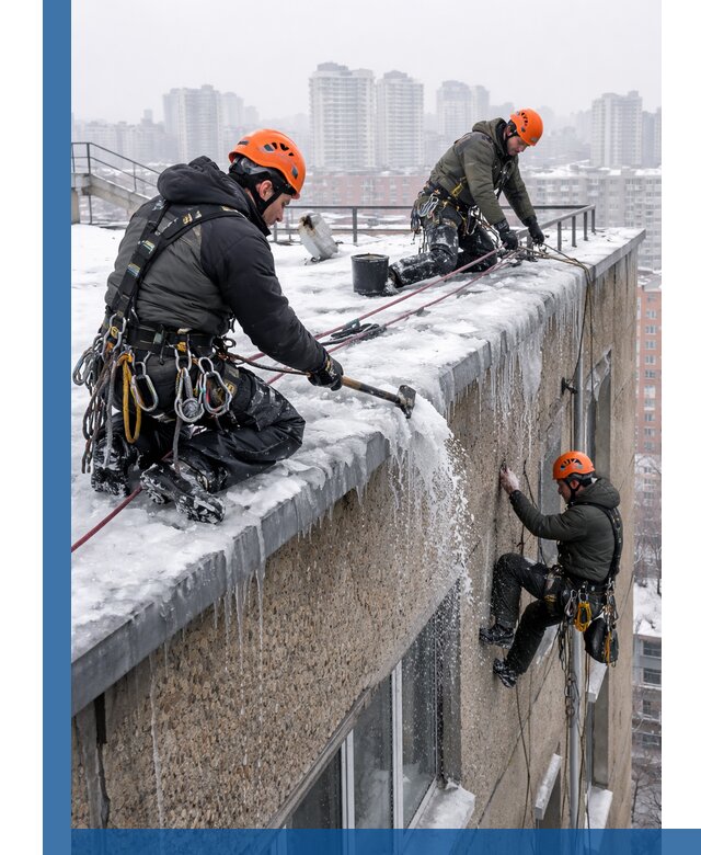 Удаление наледи с кровли в Бийске промышленными альпинистами