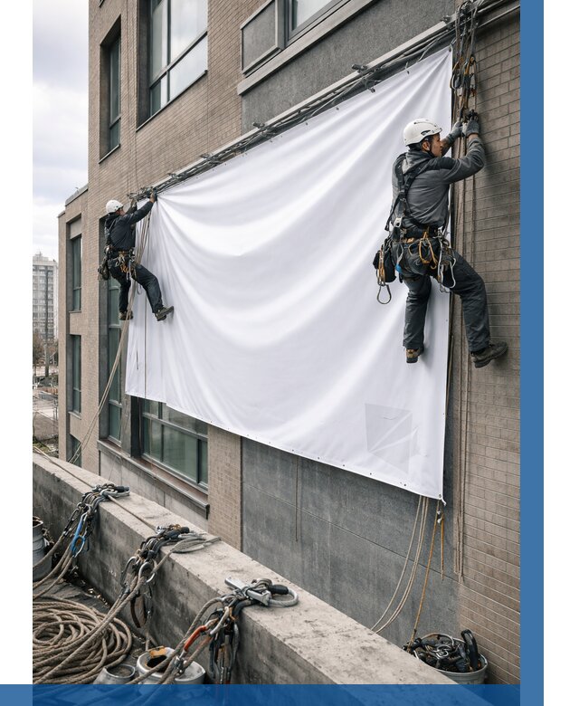 Монтаж баннеров на фасаде в Бийске от 675 р. заказать ВЫСОТНИК-Бск