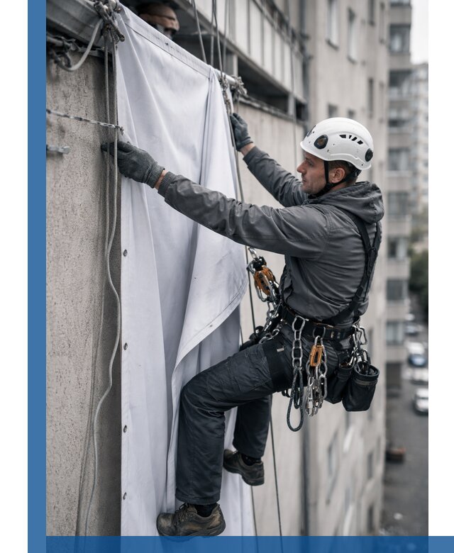 Замена баннерного полотна промышленными альпинистами в Бийске