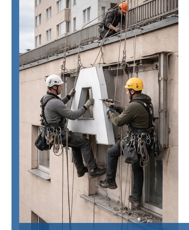 Ремонт и восстановление наружных вывесок на высоте в Бийске