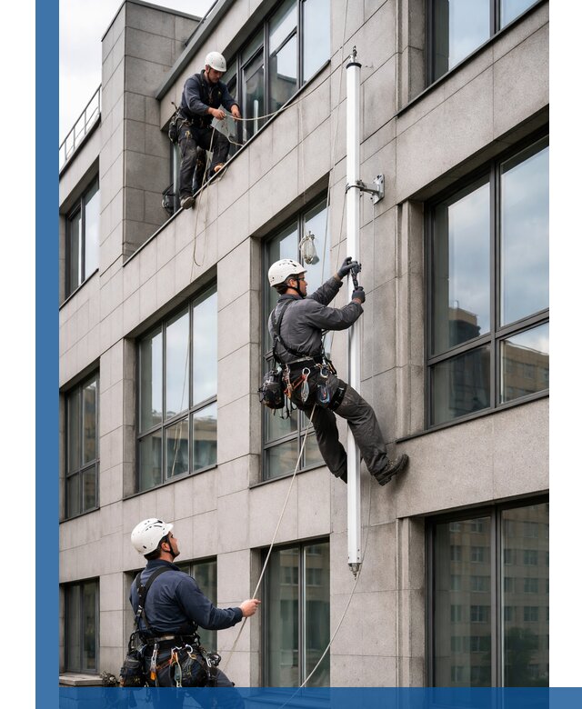 Монтаж флагштока на фасаде здания с креплением и герметикой в Бийске