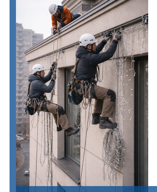 Монтаж праздничных гирлянд на фасаде в Бийске для зданий