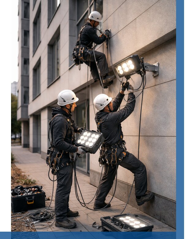 Монтаж прожекторов на фасаде в Бийске от 7790 р. | ВЫСОТНИК-Бск