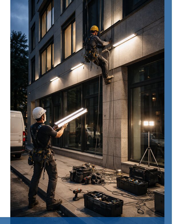 Монтаж архитектурной подсветки здания в Бийске от 2597 р.|ВЫСОТНИК-Бск