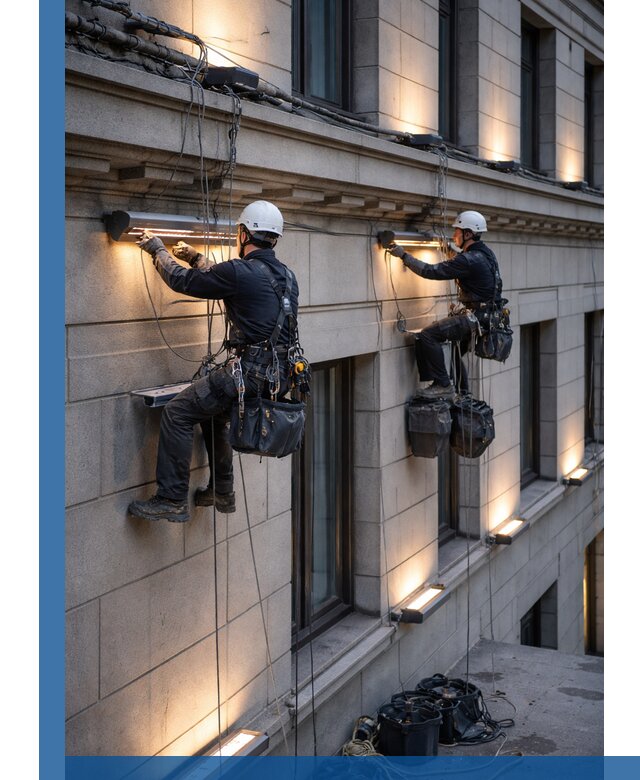 Монтаж архитектурной подсветки фасадов зданий в Бийске