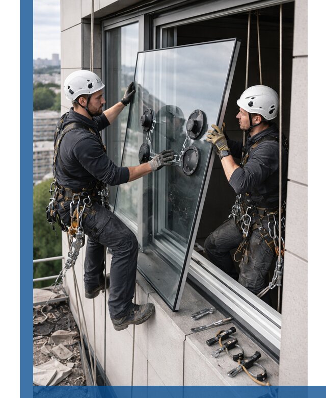 Замена стеклопакетов на высоте с промышленными альпинистами в Бийске