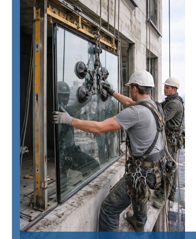 Монтаж стеклопакетов на высоте в Бийске с промышленным альпинизмом