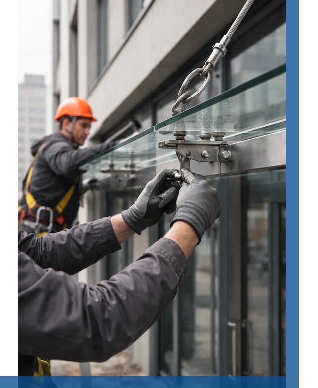 Монтаж стеклянных козырьков в Бийске от 8829 р. | ВЫСОТНИК-Бск