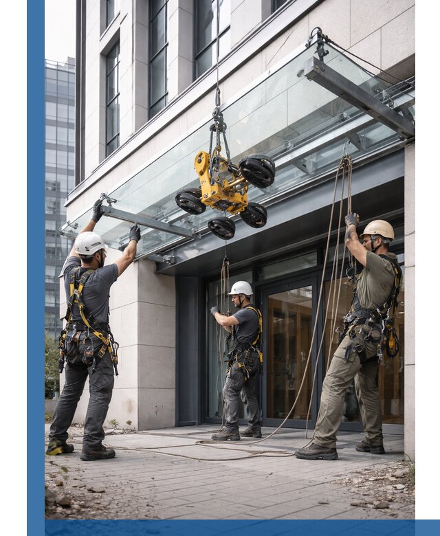 Монтаж стеклянных козырьков под ключ в Бийске для зданий