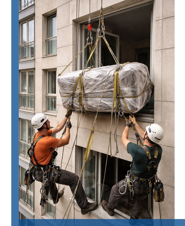 Подъем грузов через окно в Бийске промышленными альпинистами