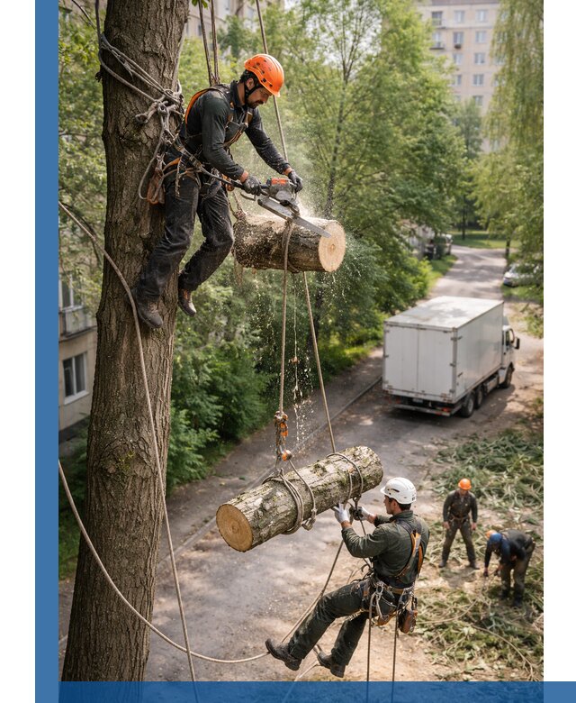 Спил деревьев альпинистами в Бийске, безопасно и без повреждений