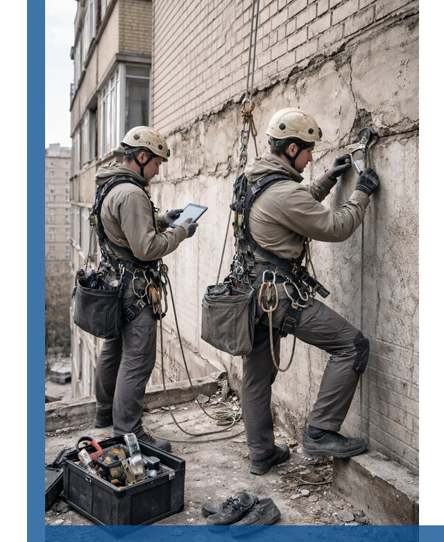 Обследование фасада промышленными альпинистами в Бийске